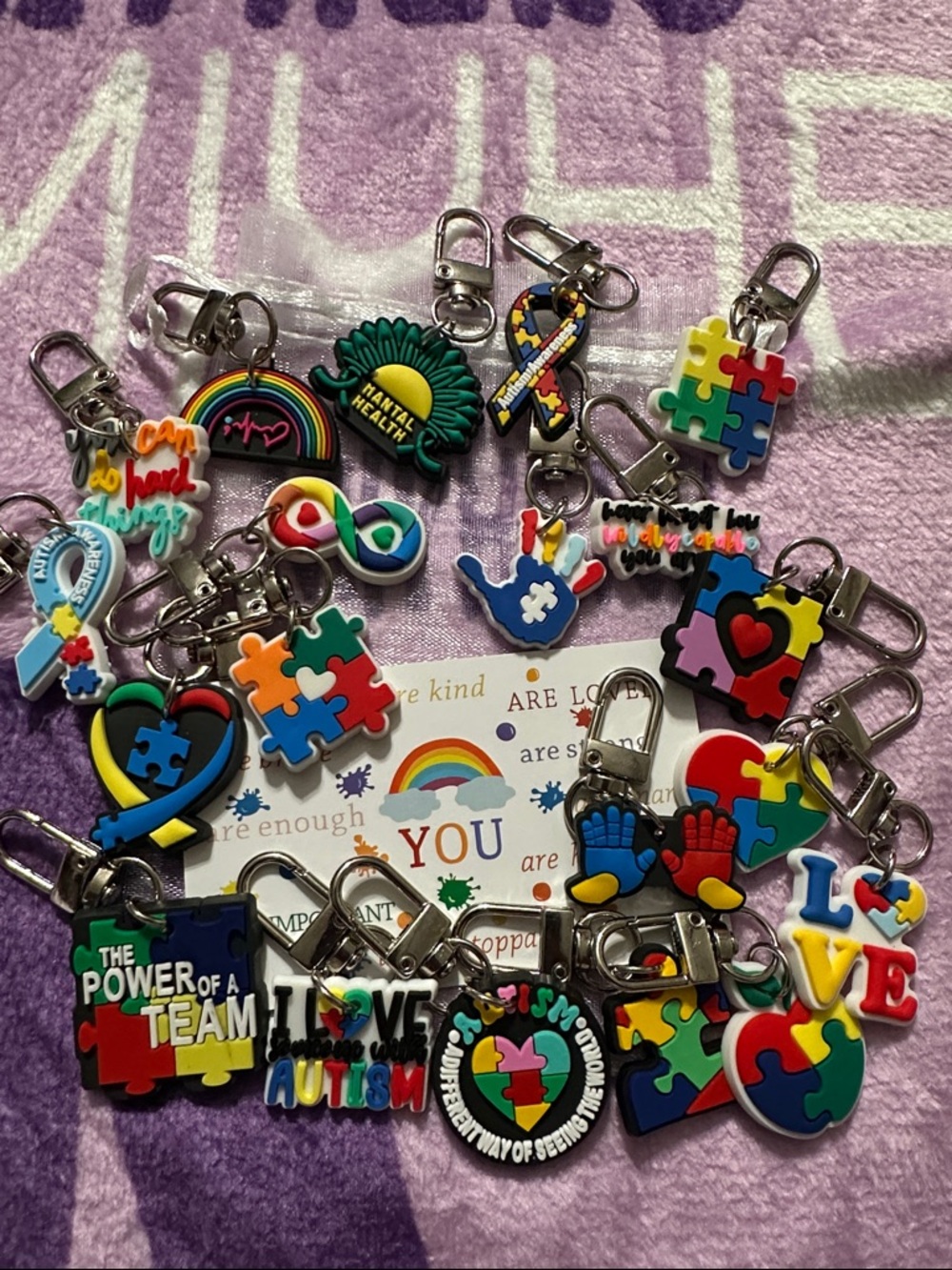 TWO RANDOM Autism Awareness PVC Keychains with Positive Affirmation Card